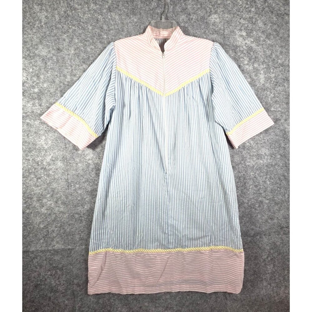 VTG Saybury Nightgown Robe Housecoat Dress   XL Seersucker Blue Embroidered